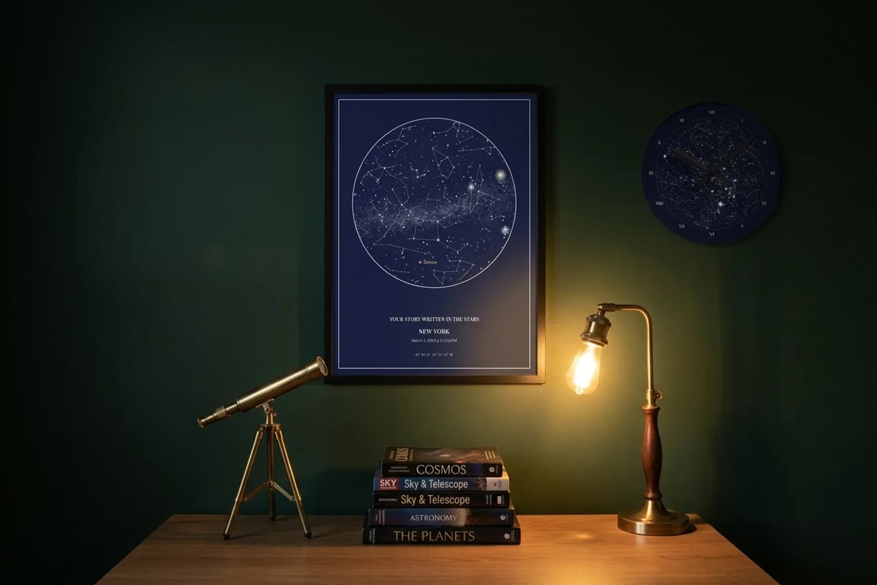 Star map poster and star clock above a desk with a small telescope