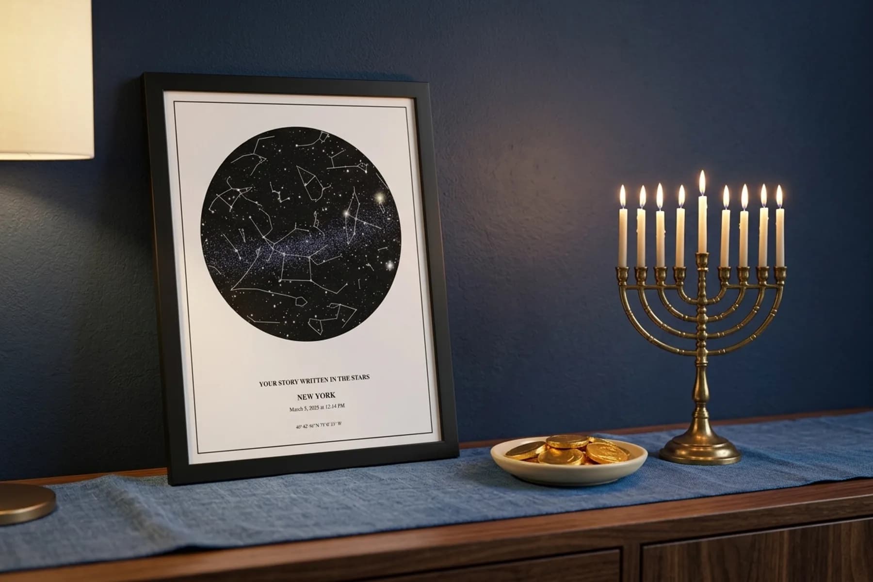 Framed star map beside a lit menorah on a walnut sideboard