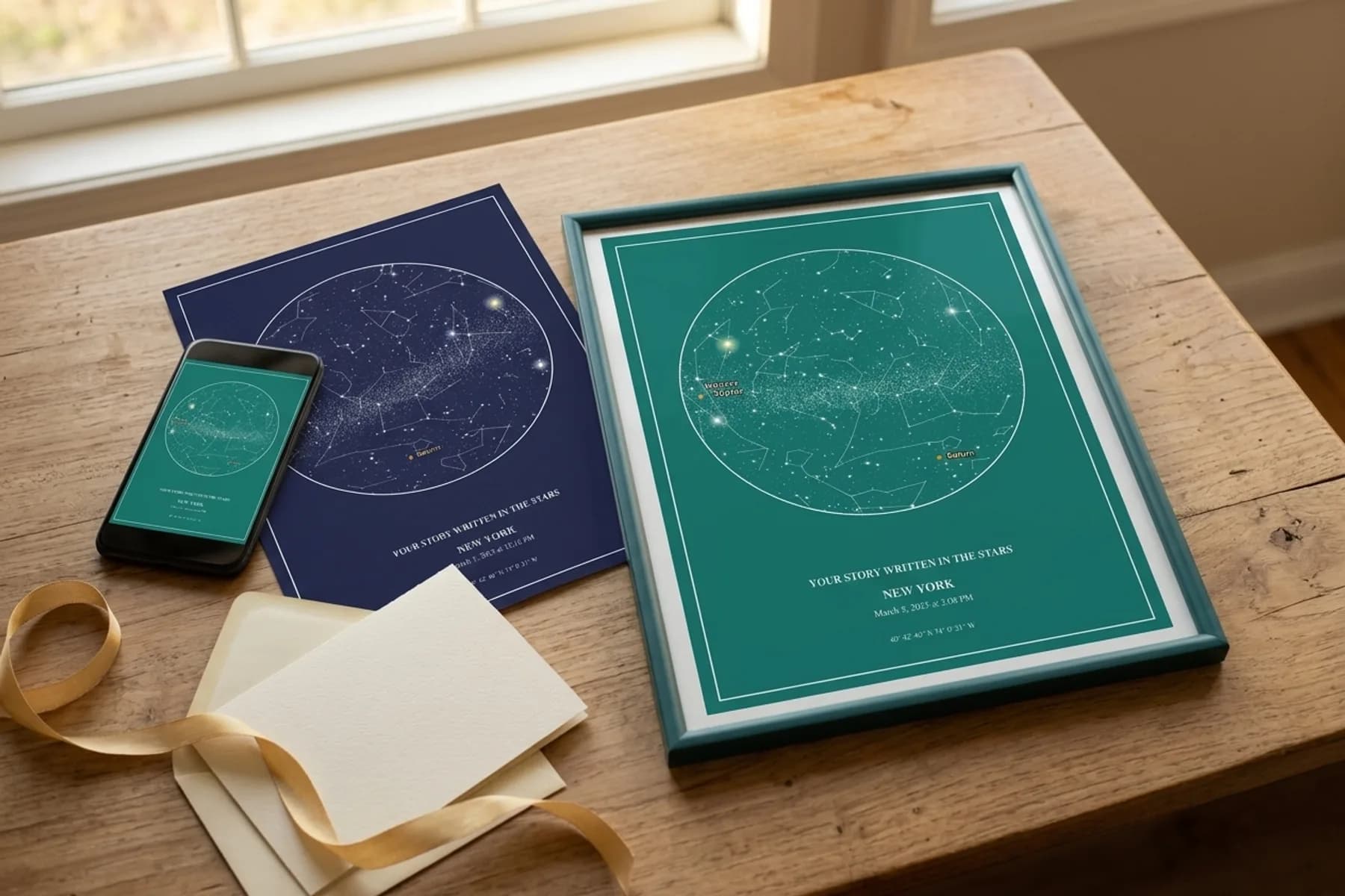 Digital star chart on a phone next to a home-printed copy and a gift card
