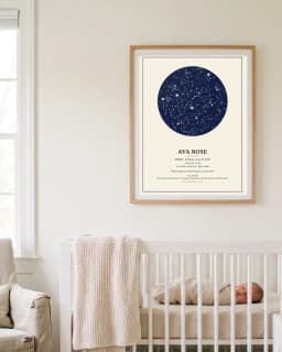 Birth poster framed above a crib with a sleeping newborn