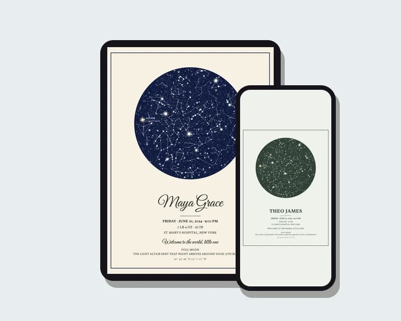 Digital birth poster on a tablet and a phone