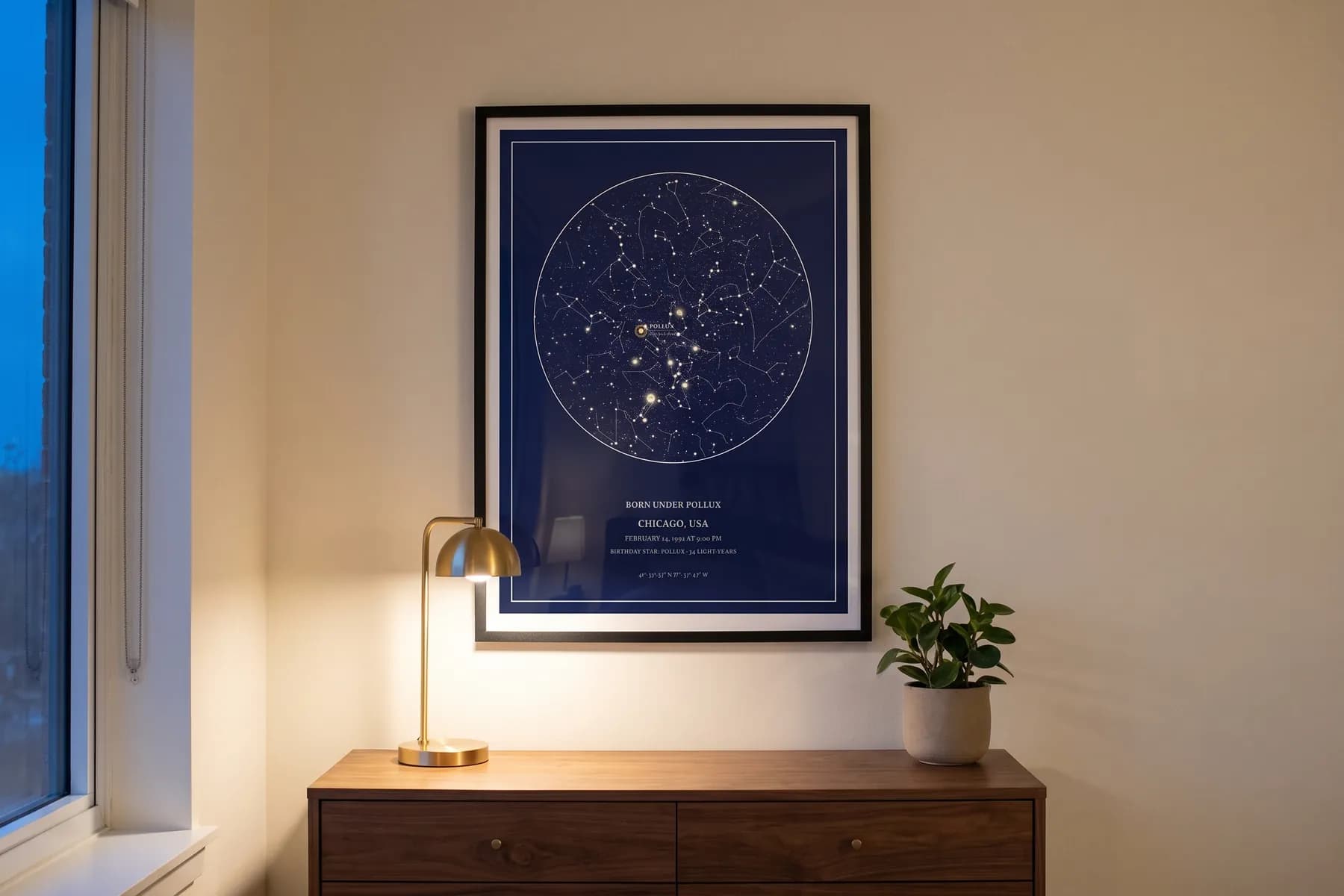 A framed star map with the birthday star ringed in gold