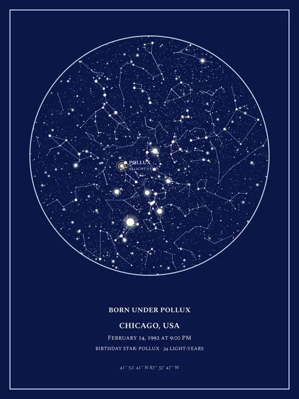 A star map print with the birthday star Pollux ringed and named under the date