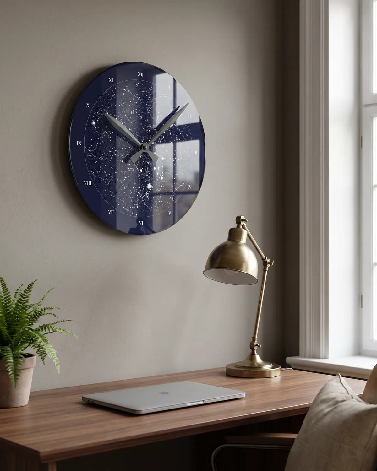 Custom star map wall clock, 8 inch, hanging in a home office