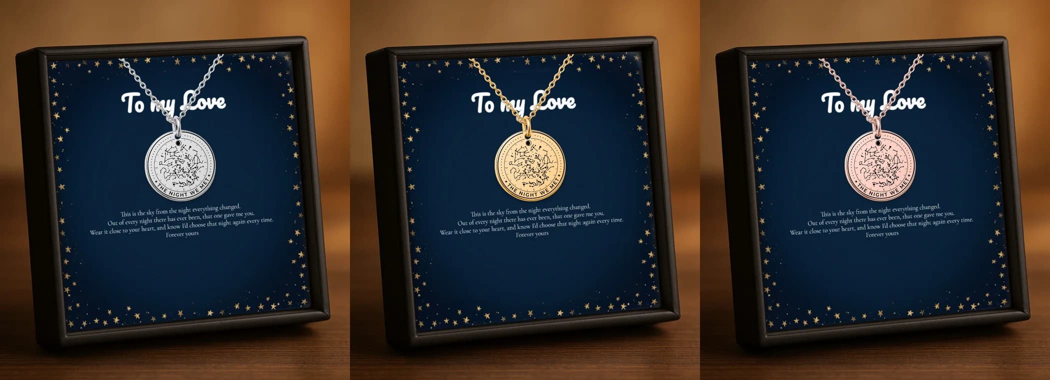 Star map necklaces in steel, 18k gold and 18k rose gold, each in its gift box over a navy message card