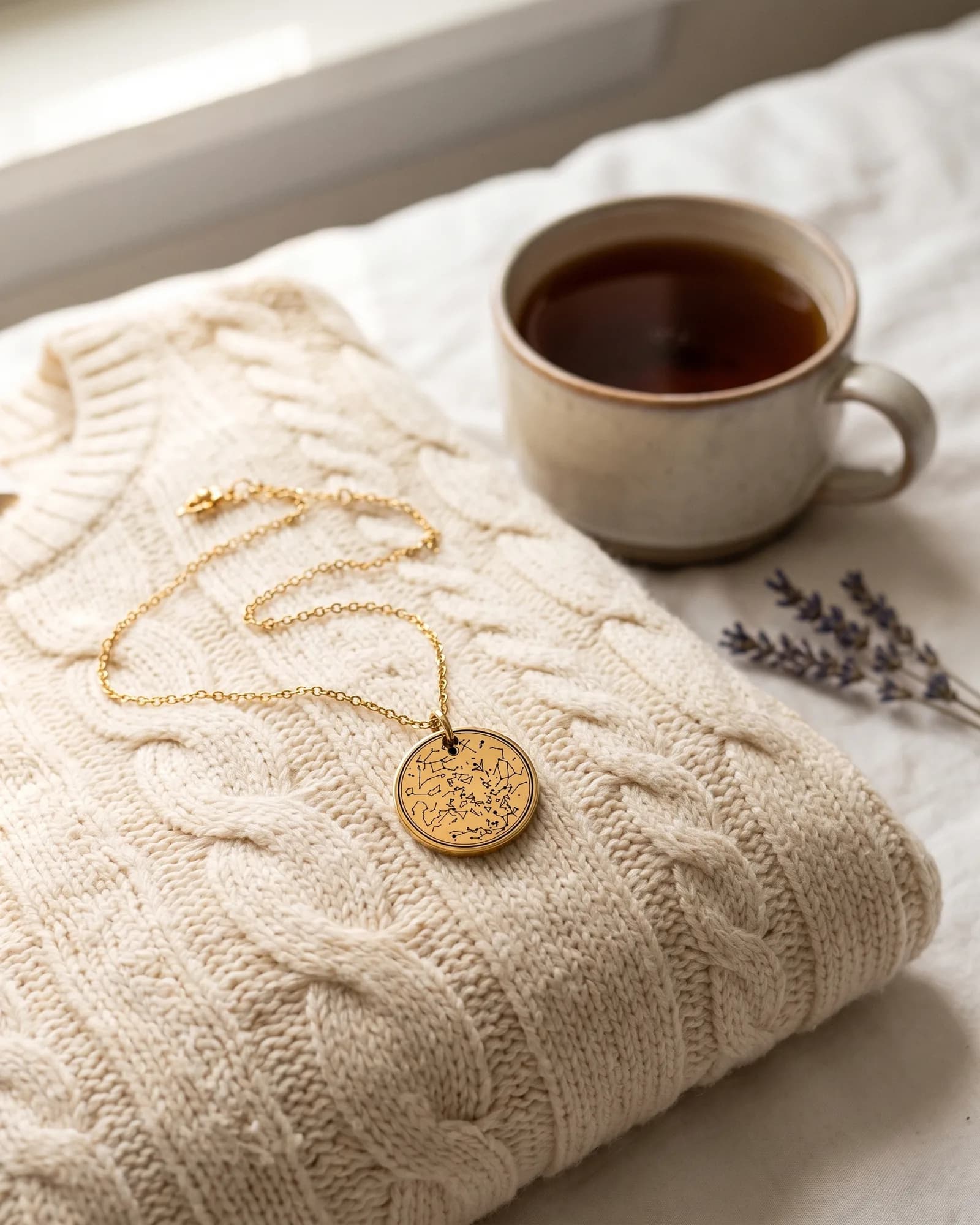 A gold plated star map necklace lying on a cream cable-knit sweater beside a cup of tea
