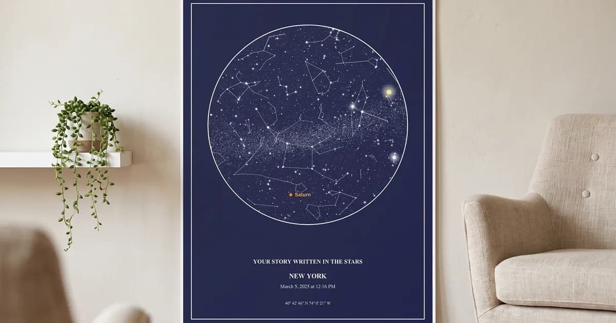 A custom star map poster showing the computed night sky of one date and place