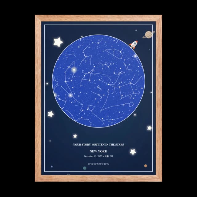 Junior Explorer Star Chart — Natural Wood Frame for Nursery
