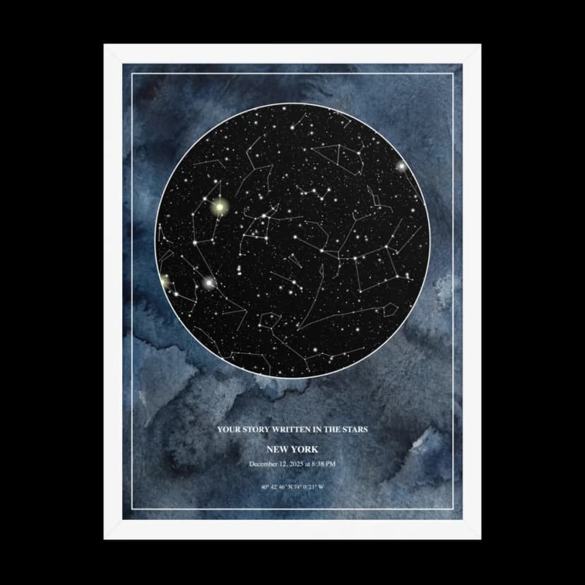 Midnight Watercolor Star Chart - White Frame