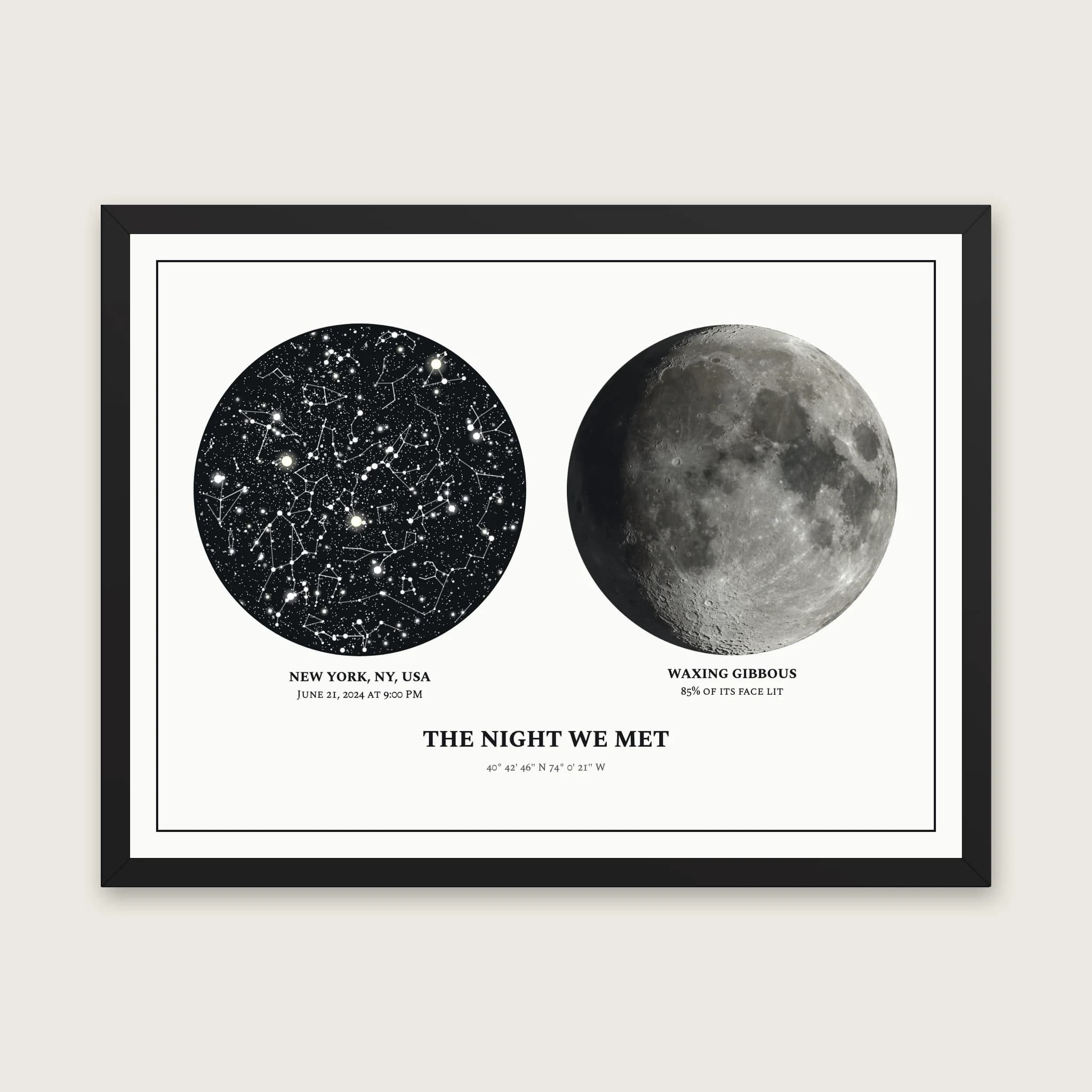 Star Map with Moon Phase: Framed, 24 × 18 in, Black frame