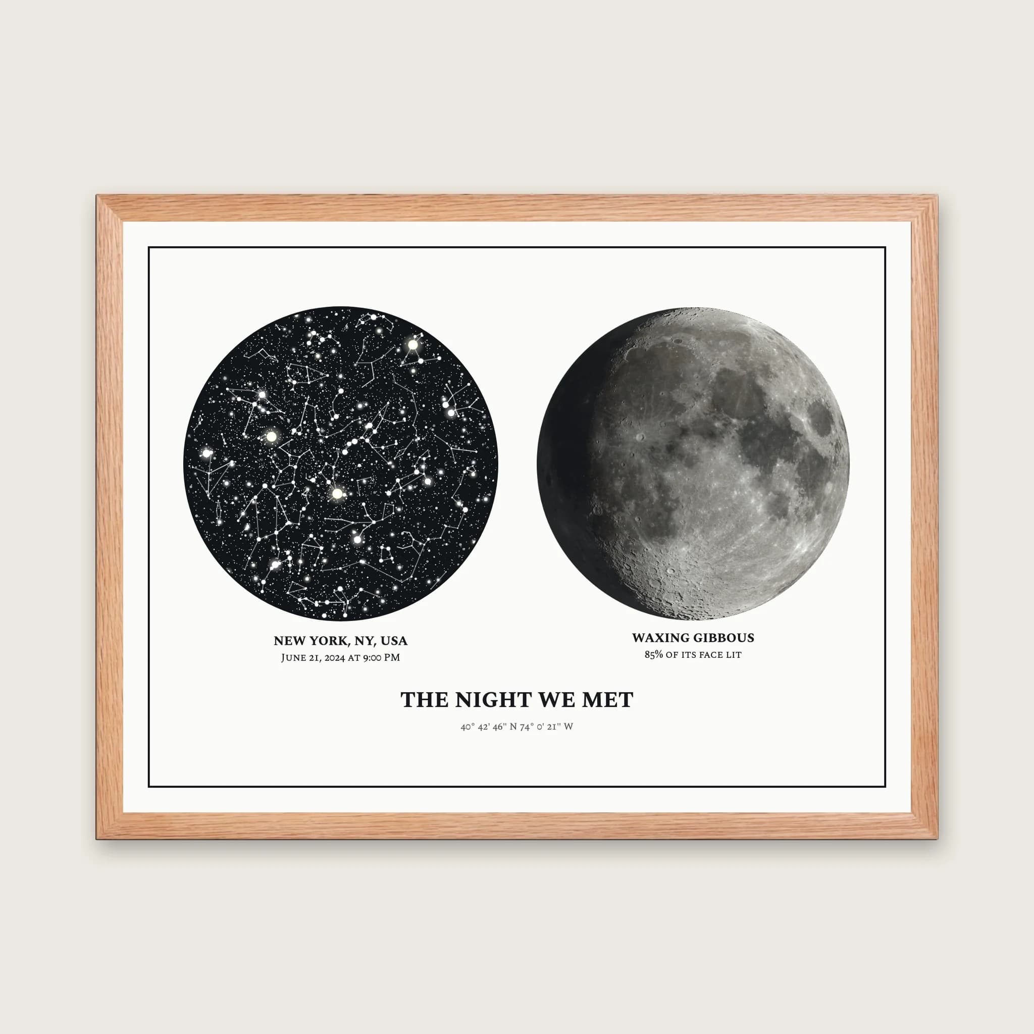 Star Map with Moon Phase: Framed, 24 × 18 in, Natural Wood frame