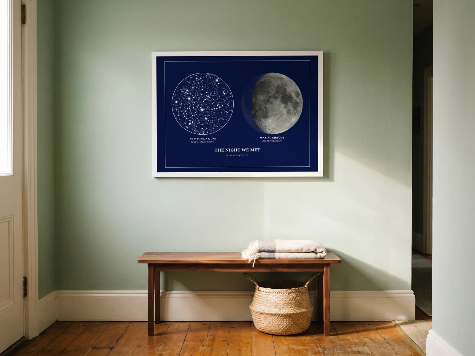 Star Map with Moon Phase framed in a home