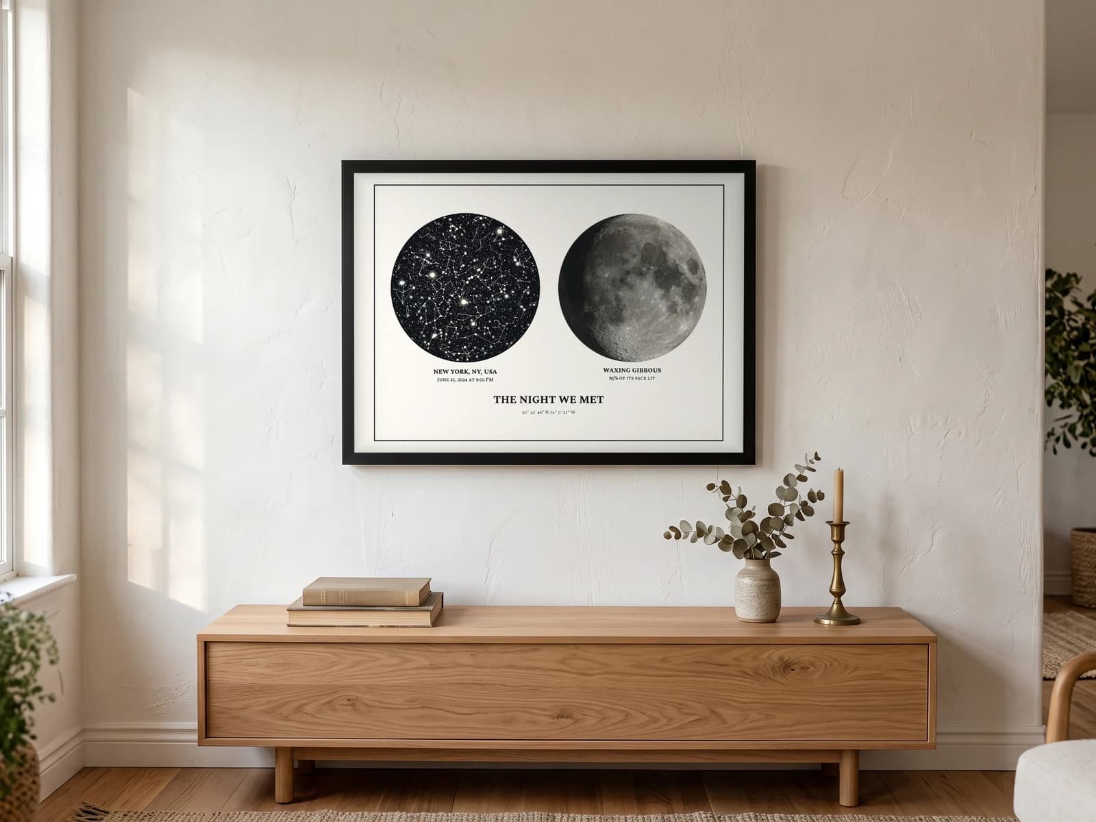 Star Map with Moon Phase framed in a home