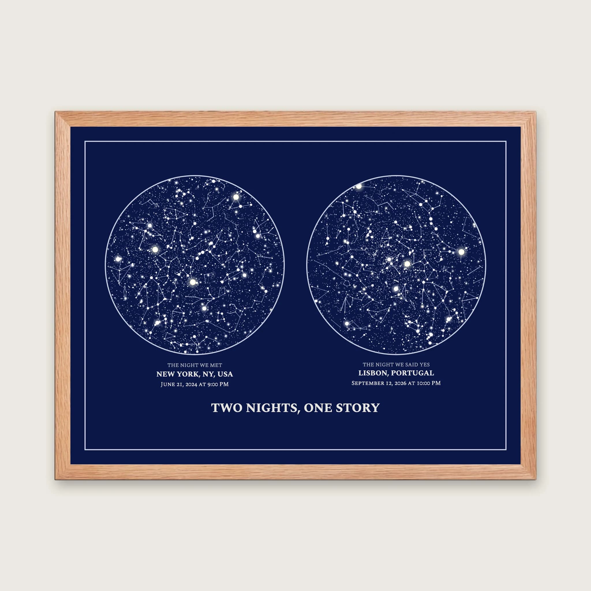 Two Skies Star Map: Framed, 24 × 18 in, Natural Wood frame