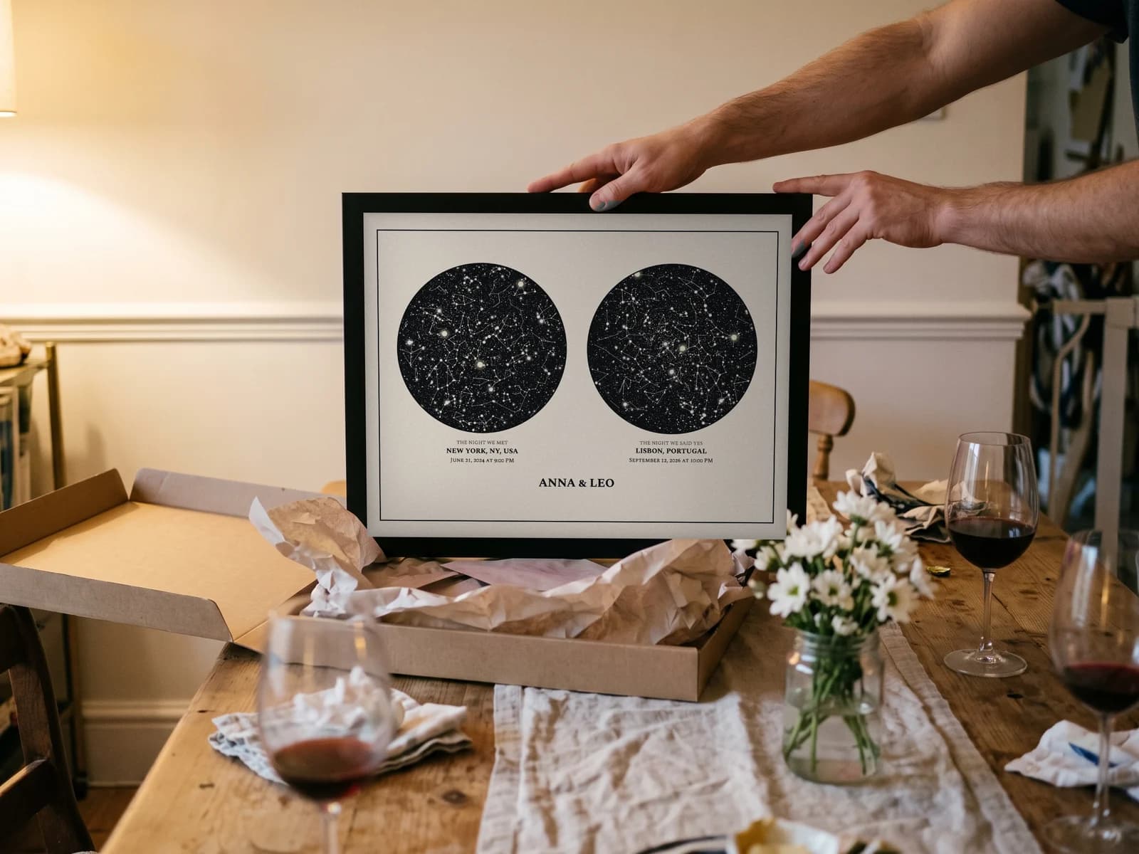 Two Skies Star Map framed in a home