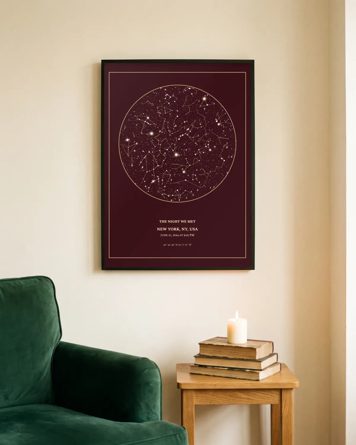 Bordeaux, black frame star map poster on a wall