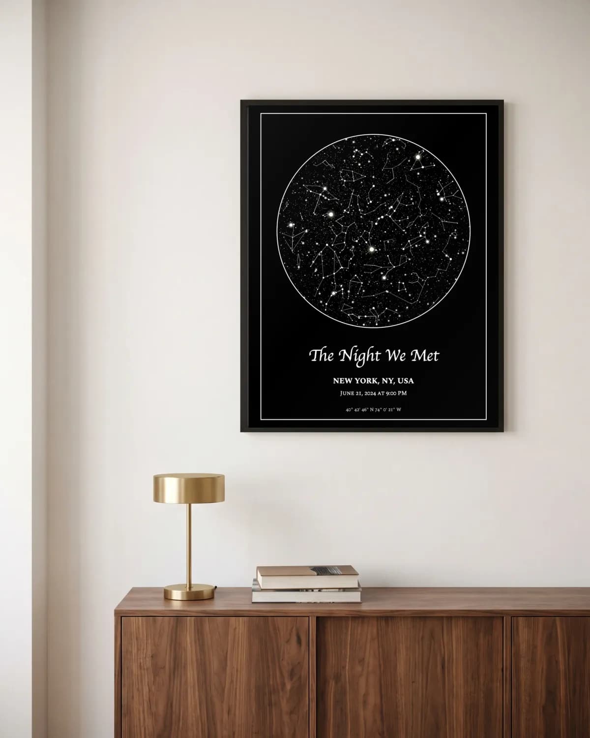 Pure Noir, large script title, black frame star map poster on a wall