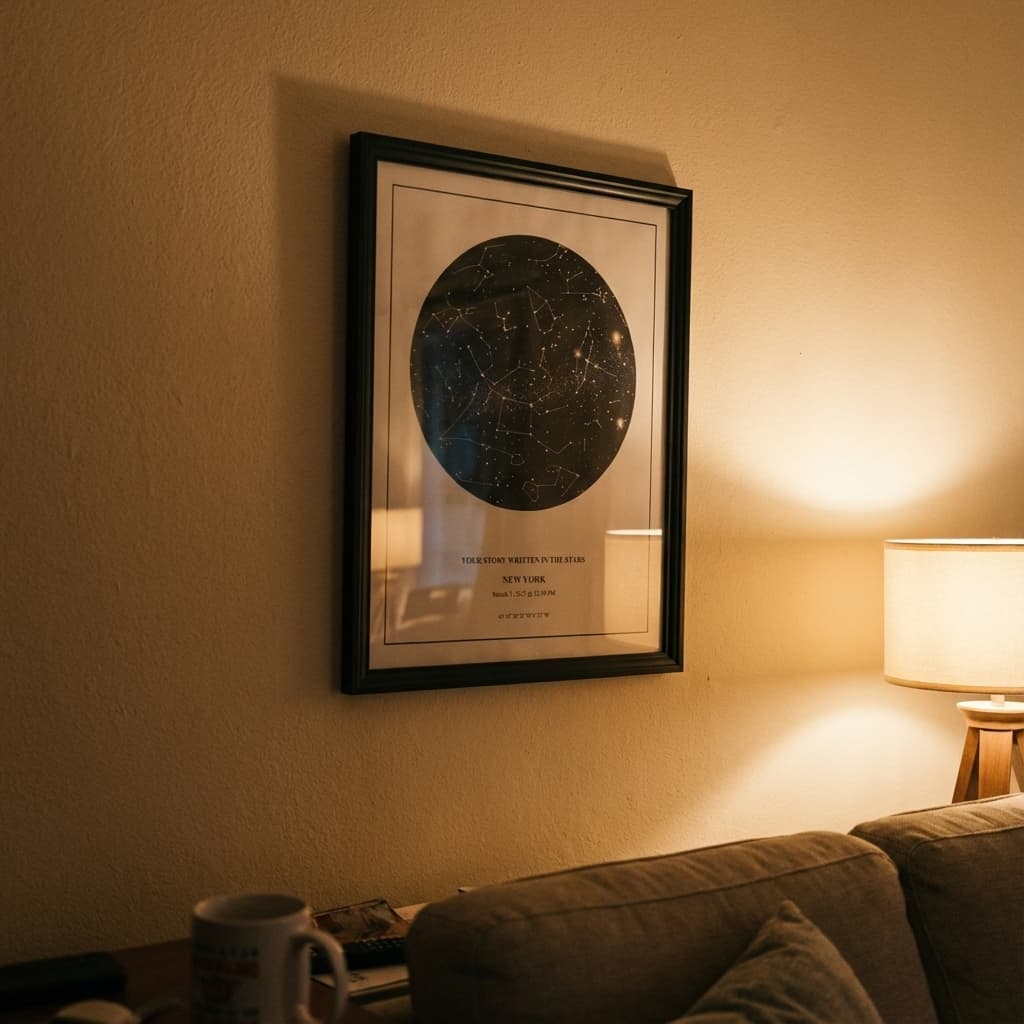 Custom star chart hanging on living room wall