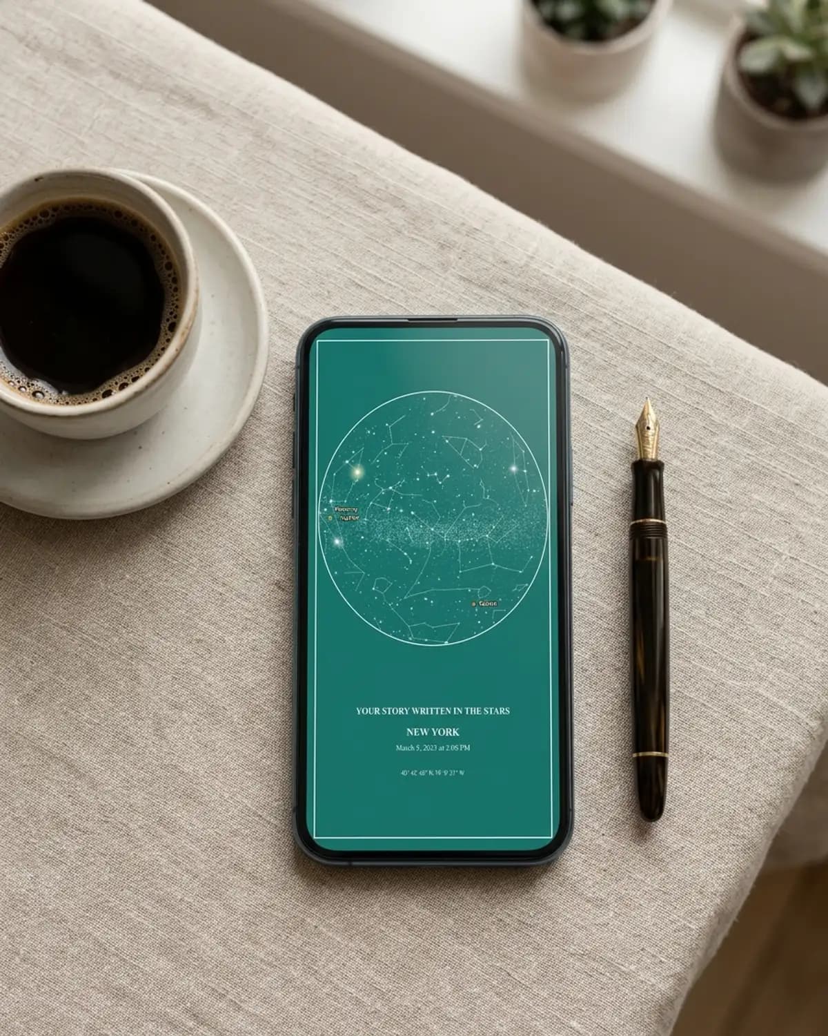 Digital star chart shown on a phone beside a cup of coffee