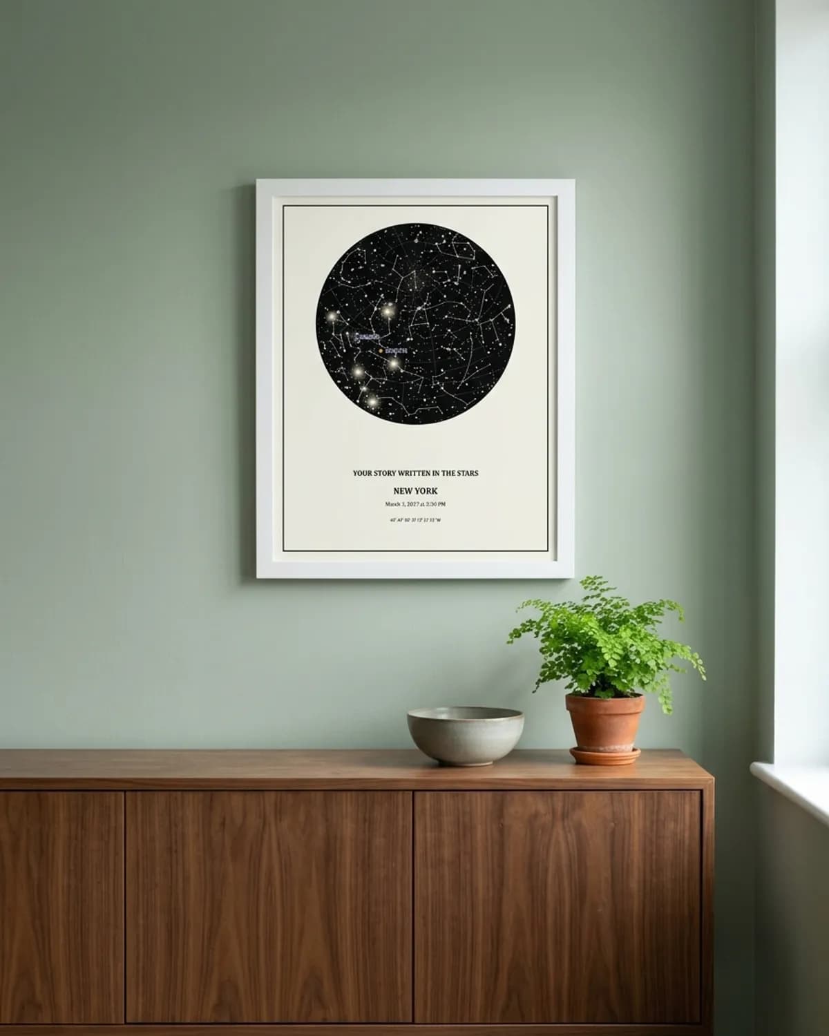 White-framed star map above a walnut sideboard in a calm living room