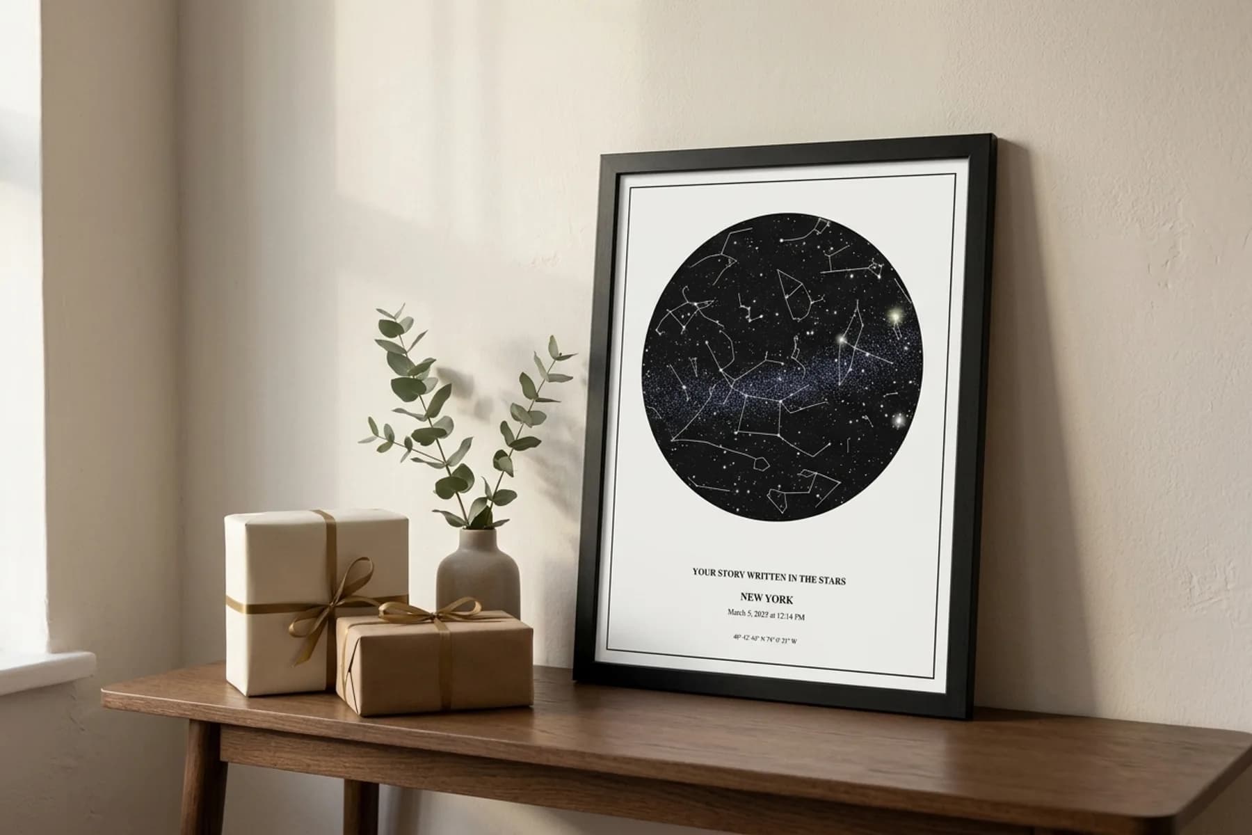 Black-framed custom star map print on an oak console beside wrapped gifts