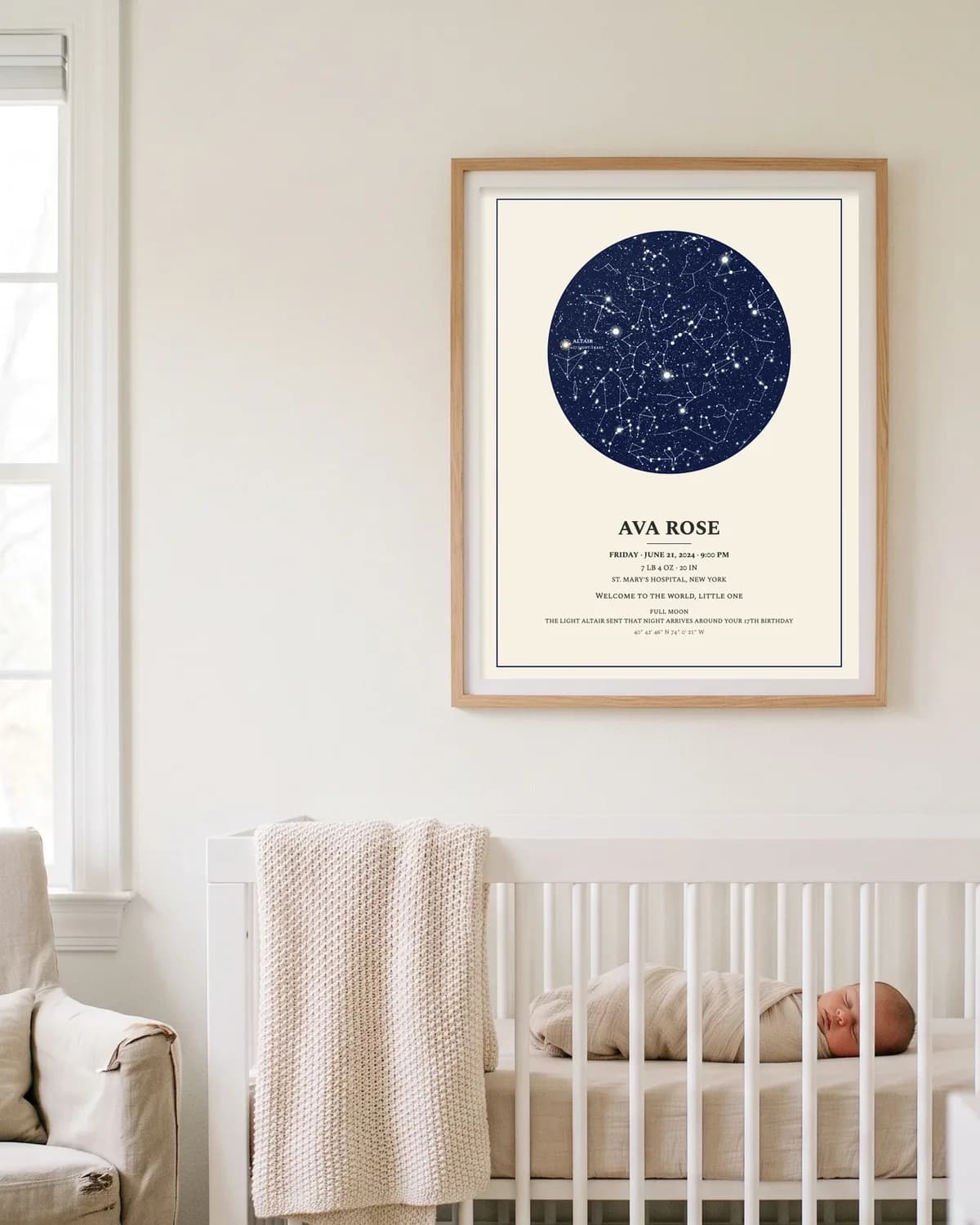 Birth poster framed above a crib with a sleeping newborn