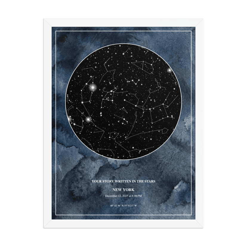 Midnight Watercolor Star Chart - White Frame