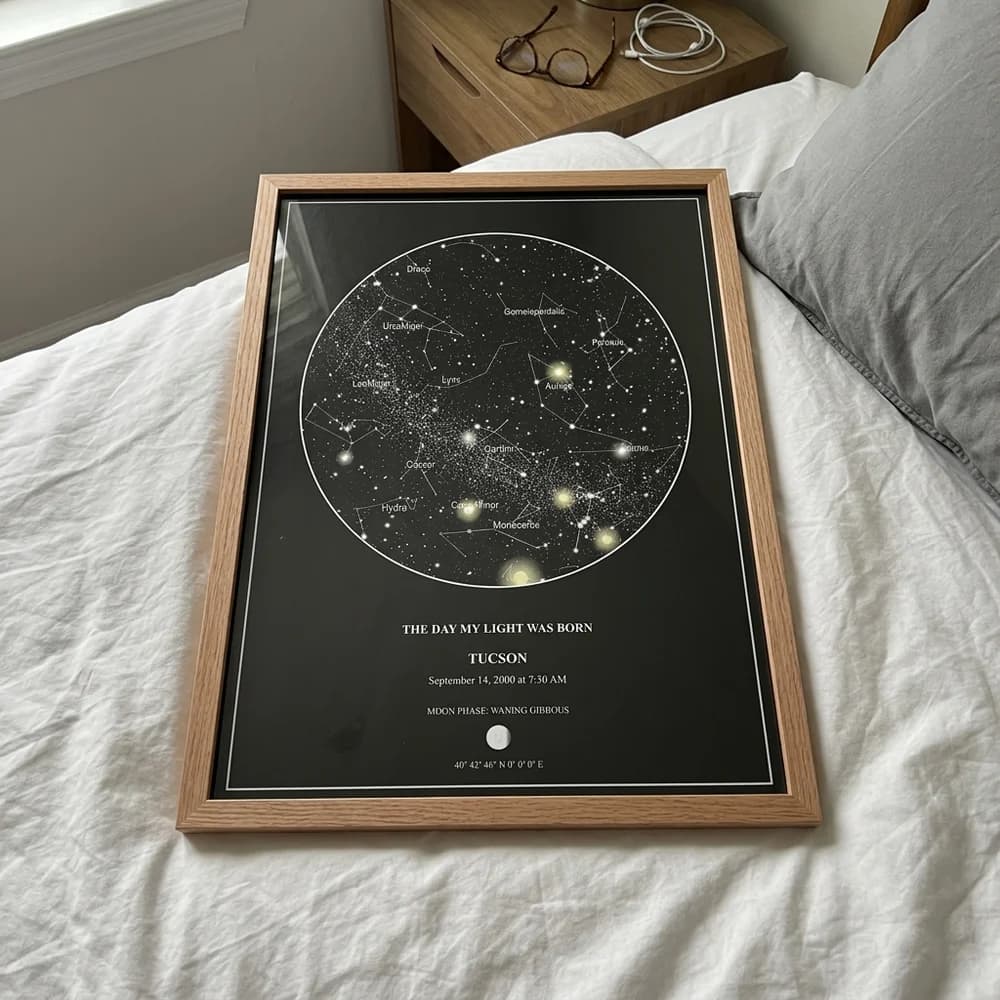 Natural oak framed star chart on bedroom duvet
