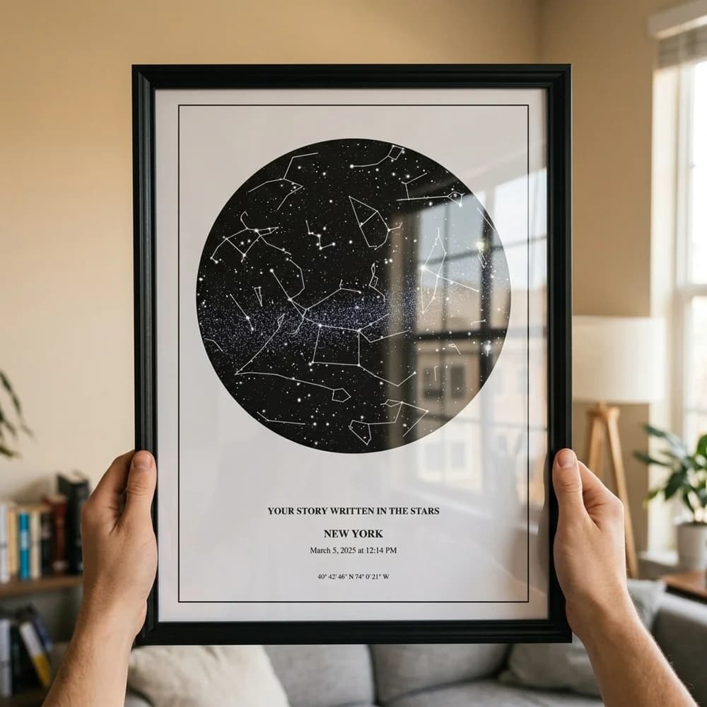 Customer holding black framed star chart in living room