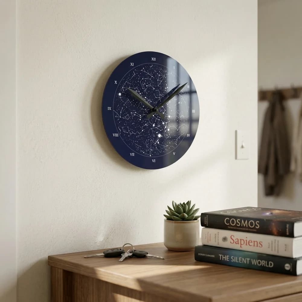Midnight navy star map wall clock mounted in home entryway