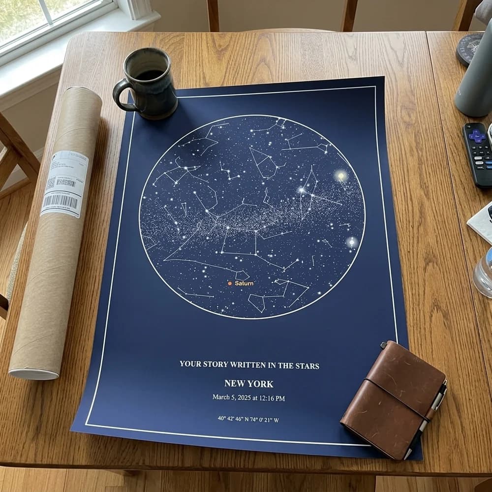 Unboxed navy star map poster unrolled on dining table